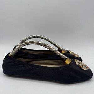 Tory Burch Black Suede Ballet Flats with Gold Logo Detail Women Size 6